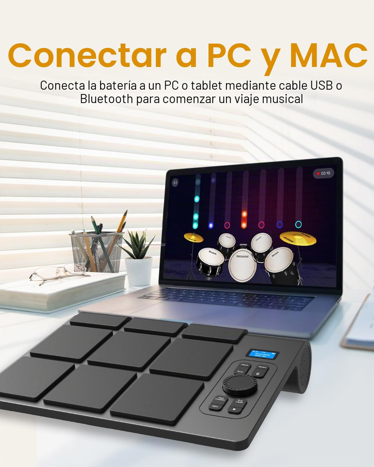 Batería electrónica de 9 almohadillas con LCD, altavoces estéreo duales y pedales | Set de batería de mesa portátil para principiantes y profesionales | Compatible con Bluetooth MIDI | Ideal para casa