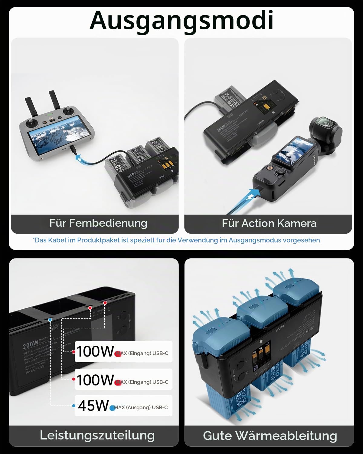 LKTOP 200W Air 3/Air 3S Akkuladestation Schnellladegerät Hub für DJI/Specta Air 3 Serie Drohne Akku Ladegerät, mit Batterie-Sammel/Balance/Schnellladung/Speicher/LED/Alarmmodus, LED-Anzeigebildschirm