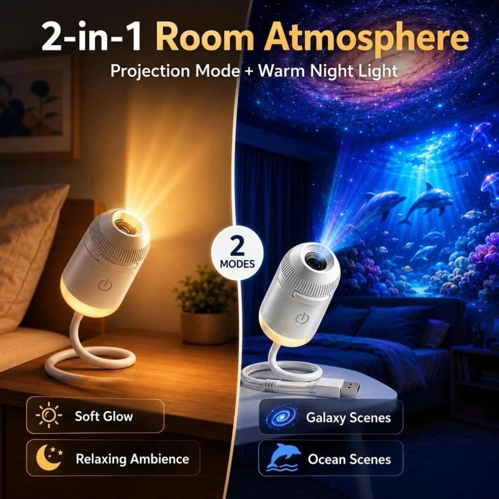 Comauo Nachtlicht Projektor 2-in-1 Sternenhimmel-Projektor, Sternenprojektor Auto & Schlafzimmer USB, 360° (12 Projection Films)