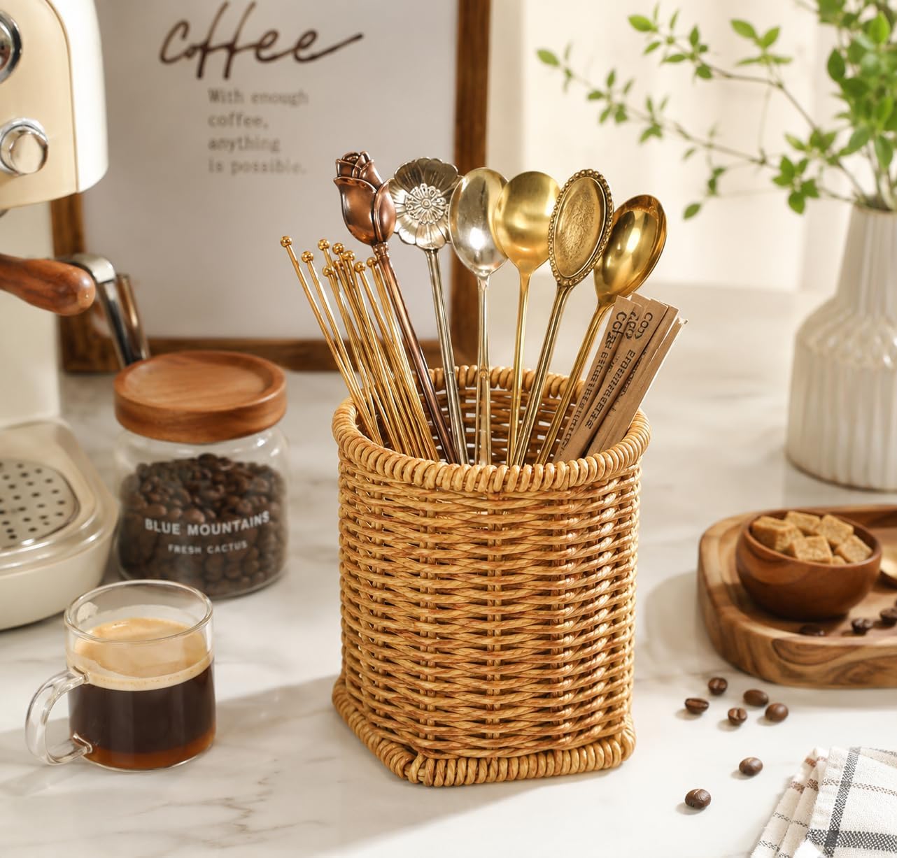 Rattan Coffee Spoon Holder for Coffee Bar, Woven Tea Spoon Holder Cup, Stir Stick Holder, Small Utensil Basket for Coffee Stirrers, Straws, Teaspoons
