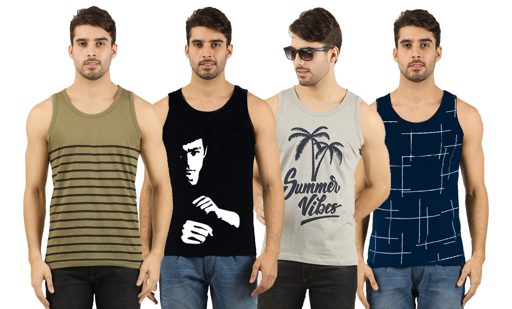 Sponsored Ad - Men's Cotton Printed Regular Fit Vest Combo (Pack Of 4), Olive,Black,Grey,Blue, XL