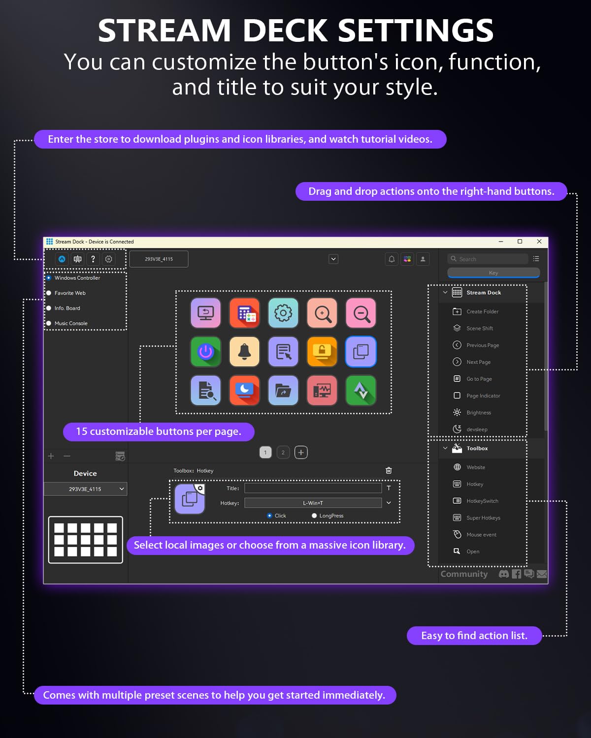 Semaiki Stream Controller Clavier macro avec 15 touches macro LCD personnalisables, déclenche des actions dans les applications et les logiciels tels que OBS, Twitch, Streamlabs, Discord, Mac et