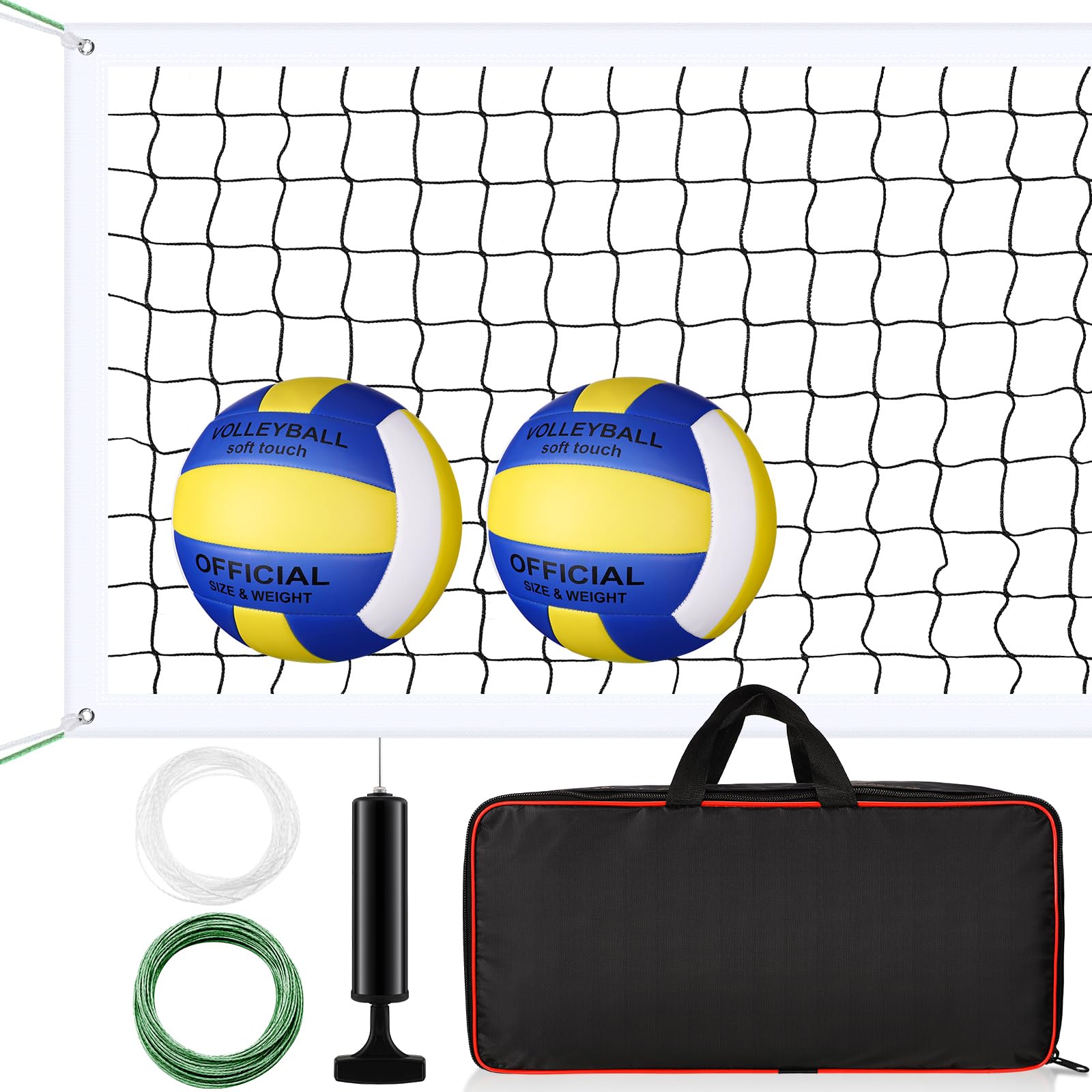 Photo 1 of Meooeck Volleyball Net Set Includes 32x3ft Net 2 Volleyballs with Pump, Aircraft Wire Rope and Carrying Bag Portable Regulation Size Indoor Outdoor Beach Backyard Badminton Net System Simple Colors
