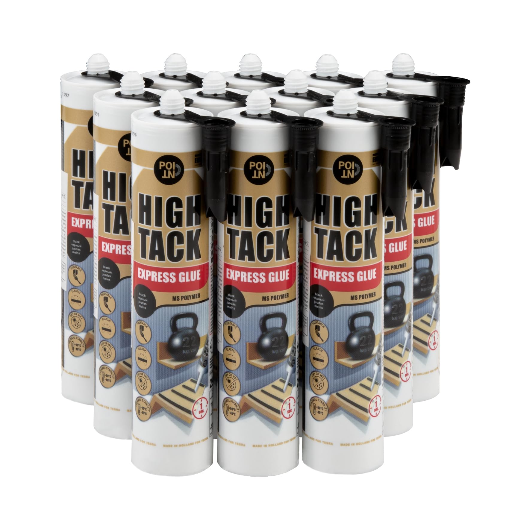 POINT Montagekleber HIGH TACK für sehr schwere Bauelemente Baukleber MS-Polymer Hybridkleber Innen- & Außenbereich wasserfest hohe Elastizität 290 ml (12 Kartuschen, schwarz)