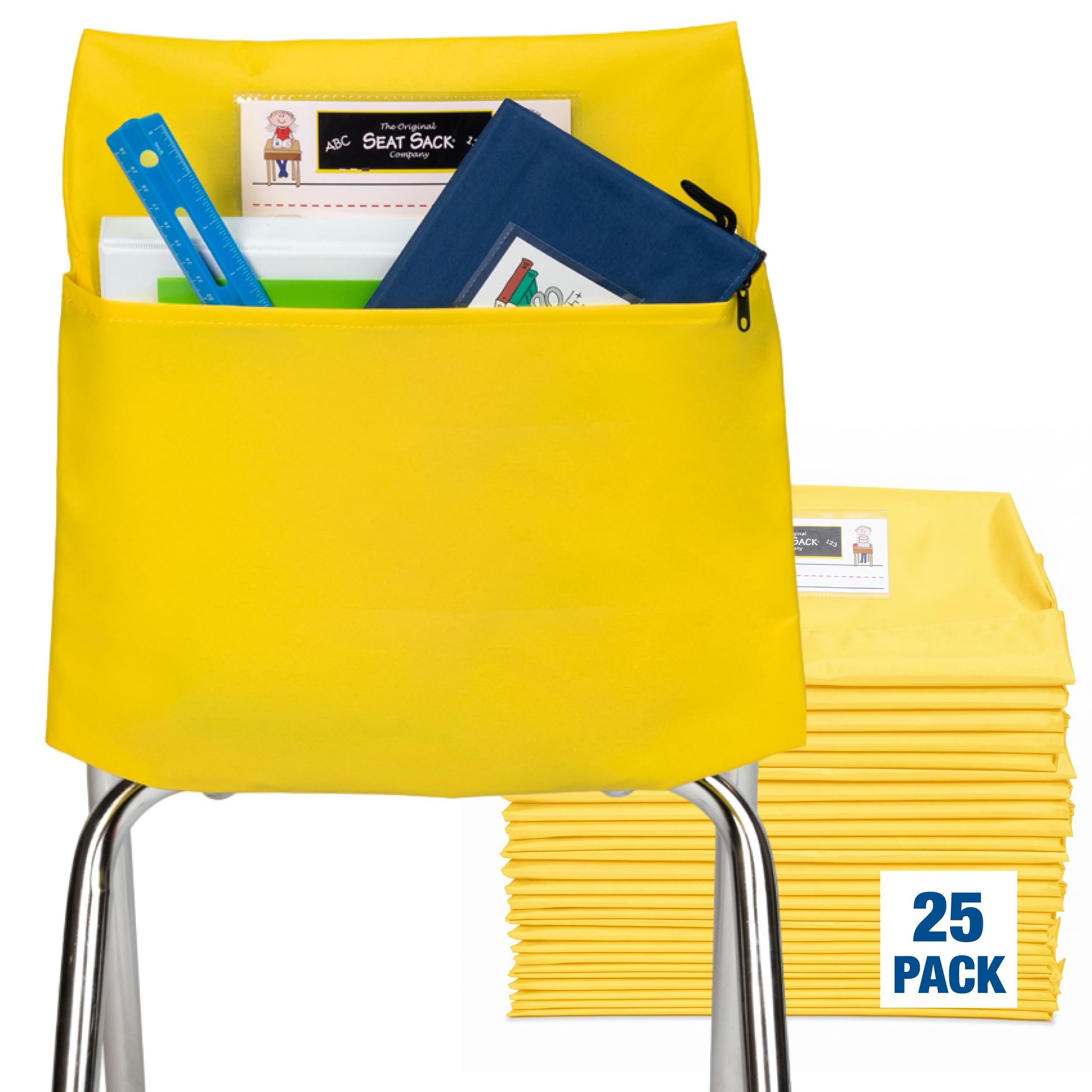 Seat Sack Student Chair Storage Pocket - 15", Single Pocket, Classroom Chair Organizer for Student Desks, Durable Over-the-Chair Storage, Ready-to-Use Name Tag Window, Yellow, 25-Pack Classroom Set