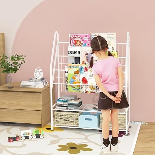 Miniatura 9 de Estantería para niños independiente para habitación de los niños, estantería de metal blanco de 32 pulgadas, organizador de juguetes de gran