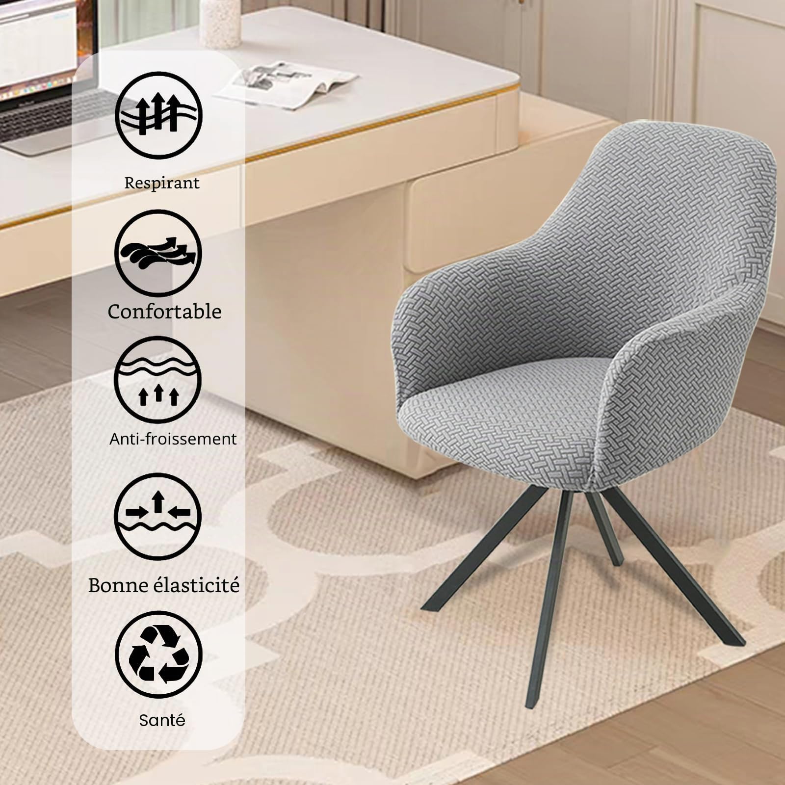 Lot de 2/4 housses de chaise avec accoudoirs en jacquard extensibles et lavables universelles pour salle à manger, hôtel, salon, décoration de mariage (gris clair, lot de 4)