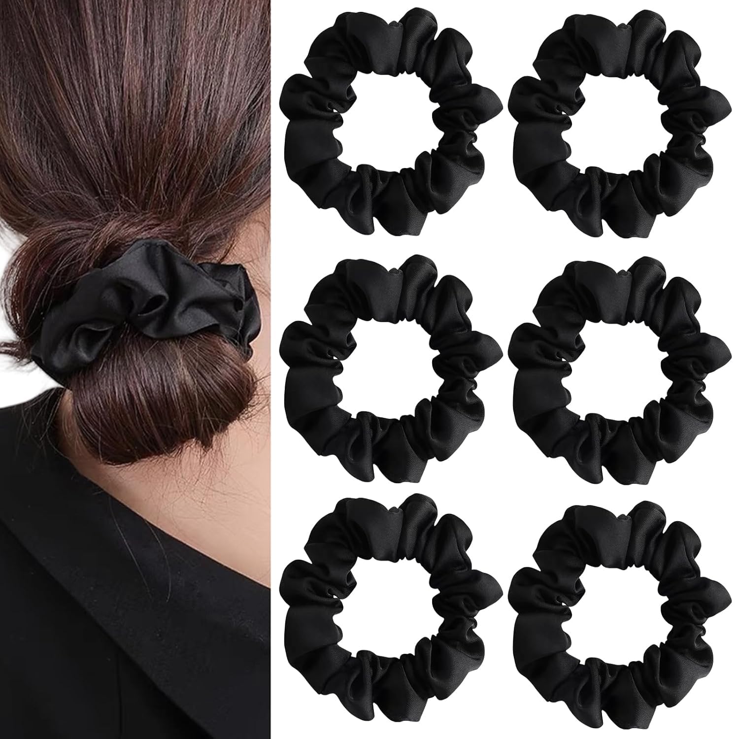 BAKEFY - BLACK 6 pieces Satin Silk Hair scrunchy,Hair Scrunchies Elastic Hair Band Soft Hair Ties,Silk Satin Hair Scrunchies for Women Soft Scrunchy Hair Ties No Damage Sleepy Tie Ponytail Holders Hair Elastic Bands Accessories for Girls