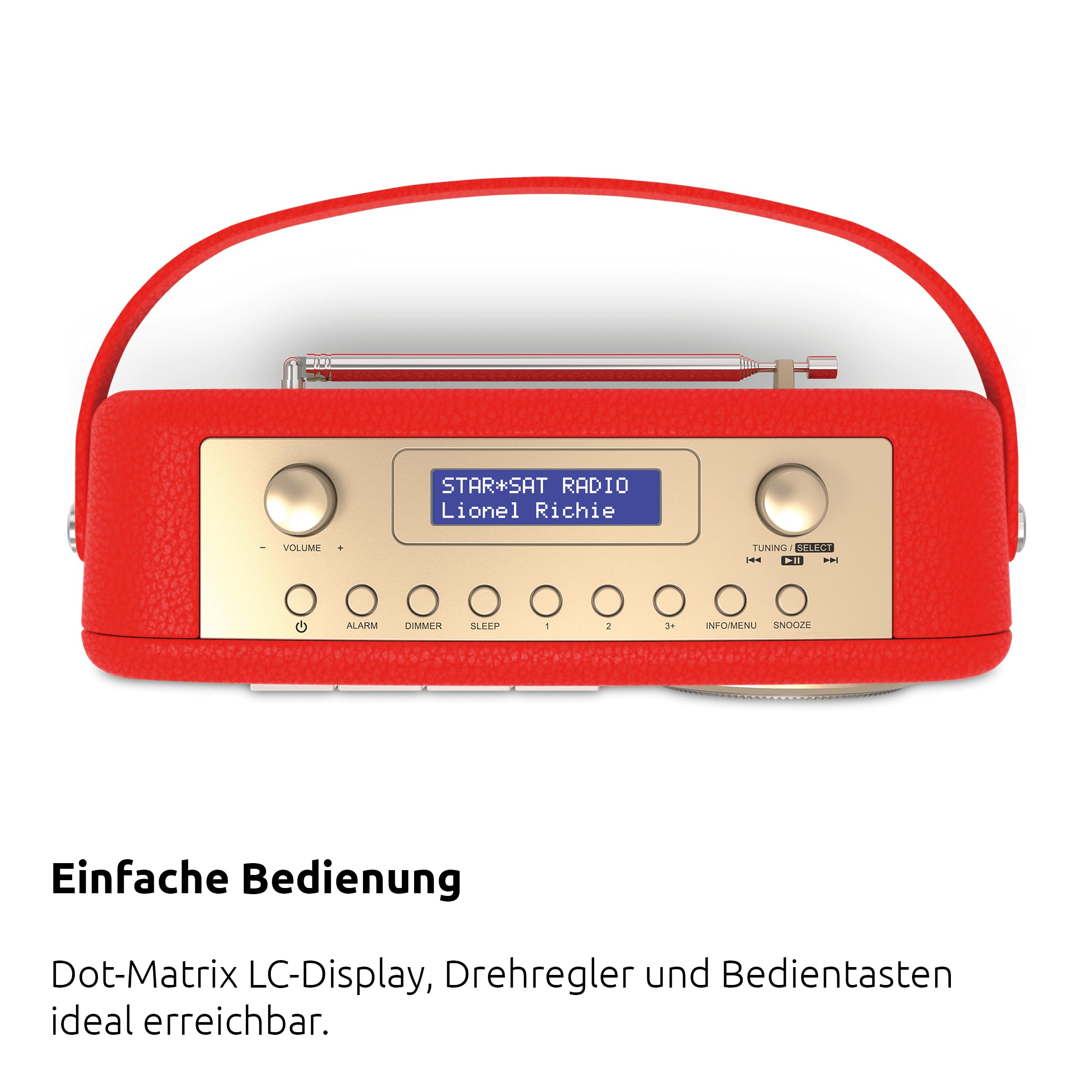 TechniSat Transita 130 - portables DAB+/UKW-Retroradio mit UKW Frequenzregler (Bluetooth-Audiostreaming, USB, Dot-Matrix LC-Display, Akku für bis zu 24 Stunden, Tragegriff, Kunstleder-Gehäuse) rot