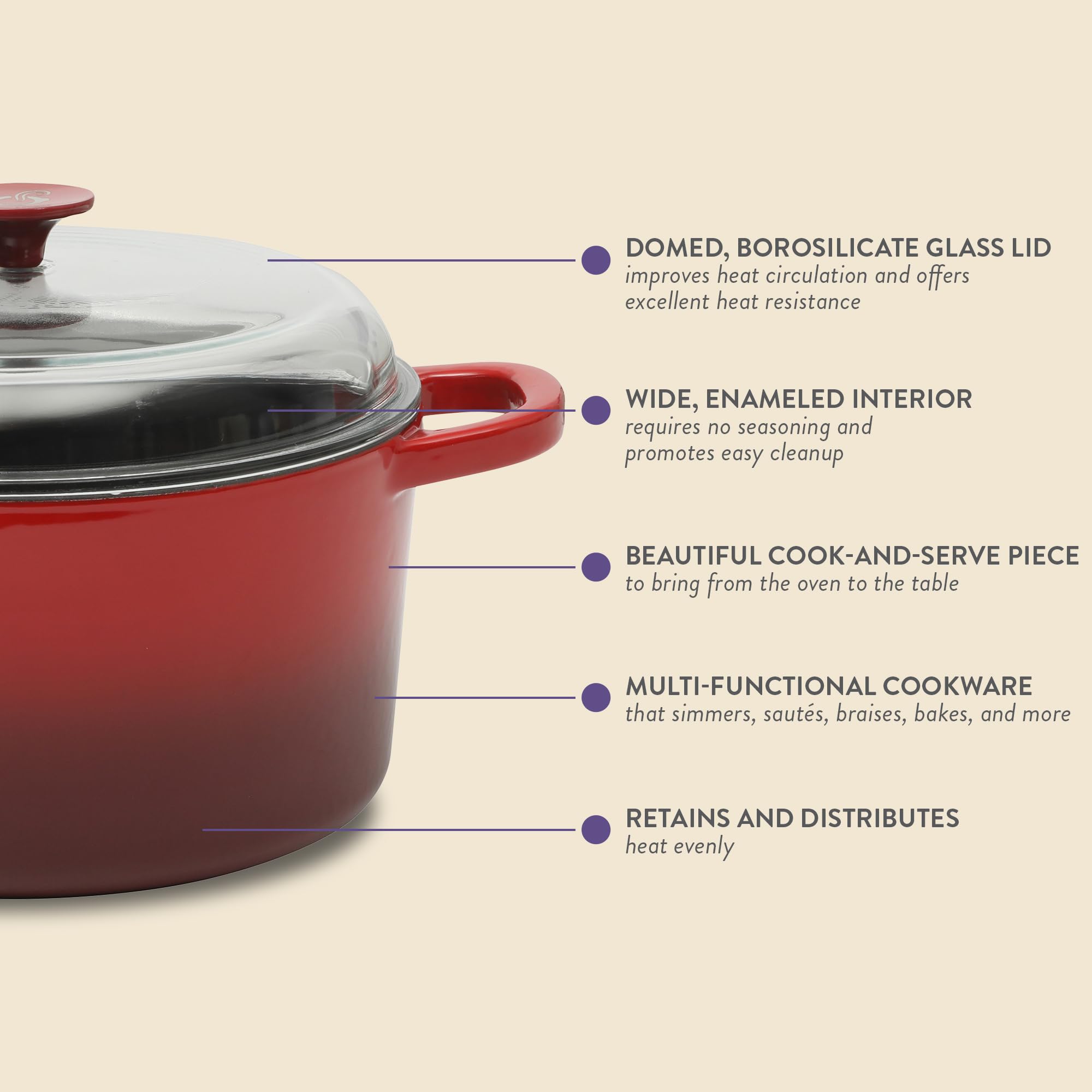 Crock Pot Artisan - Horno holandés redondo de hierro fundido de 7 cuartos con tapa de borasilicato, color rojo