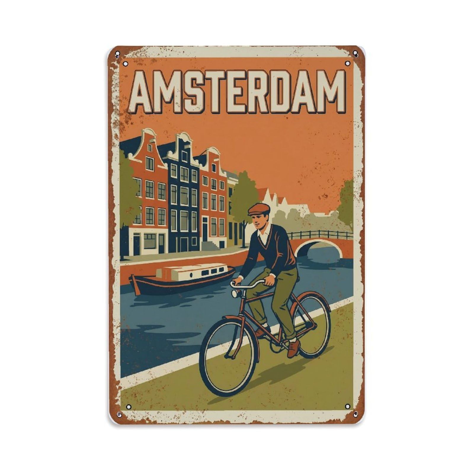 Vintage Travel Cyclist Netherlands Commute Metal Tin Sign Plaque Wall Decor for Cafe, Club Bar, Office, Home Garden Metal Poster 8x12Inch