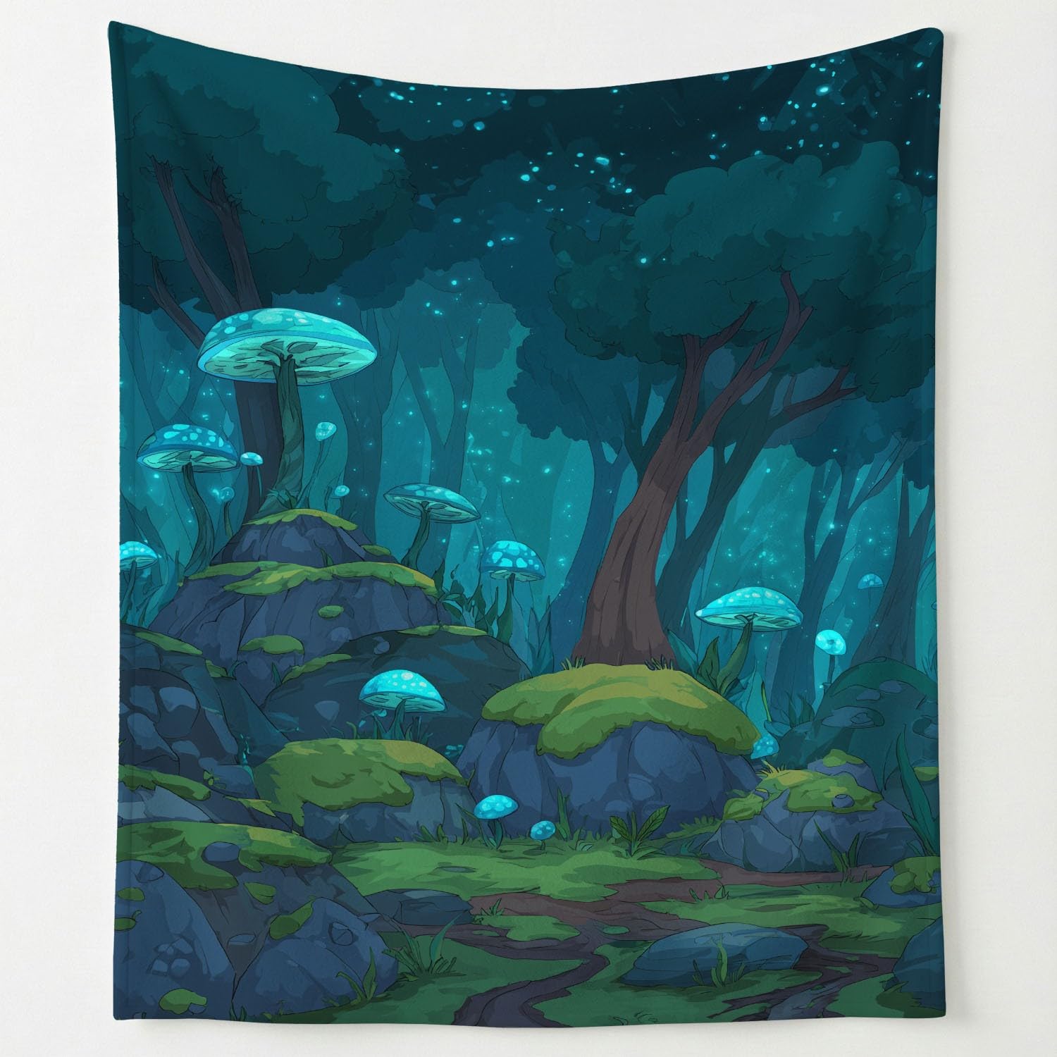 Generisch Koc polarowy, cyjan, zielony, kreskówka, fantazyjny las, grzyb, 150 x 200 cm, koc na kanapę, puszysty koc z mikrofibry, narzuta na łóżko, sofę