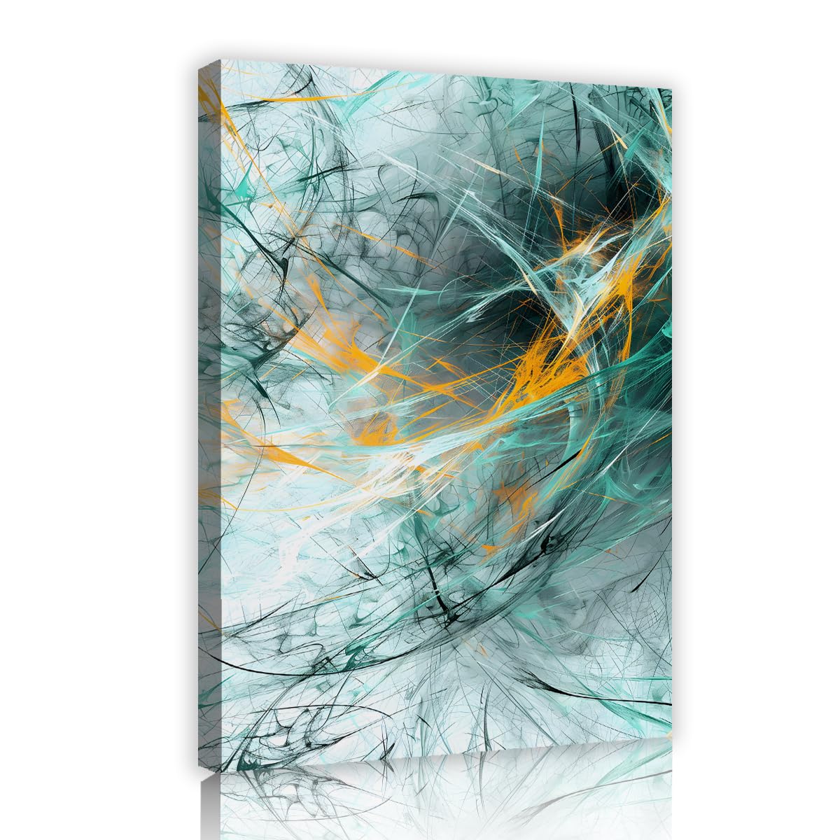 TOANGWALL Abstract Fractal Lines Canvas Wall Art Teal Turquoise Mint Poster Prints Modern Orange Splash Picture Painting for Bathroom Dining Room Hallway Decor 75x115cm