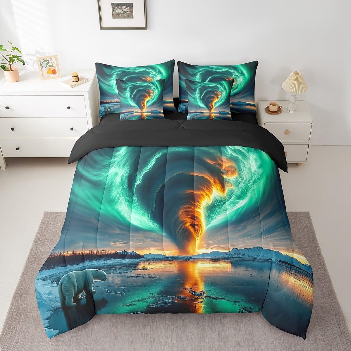 Erosebridal Aurora Tornado Comforter Set Full for Boys,Turquoise Northern Light Bedding Set 7Pcs for Kids Adults,Polar Bear Bed in a Bag,Gradient Tornadoes Quilt - Image 2