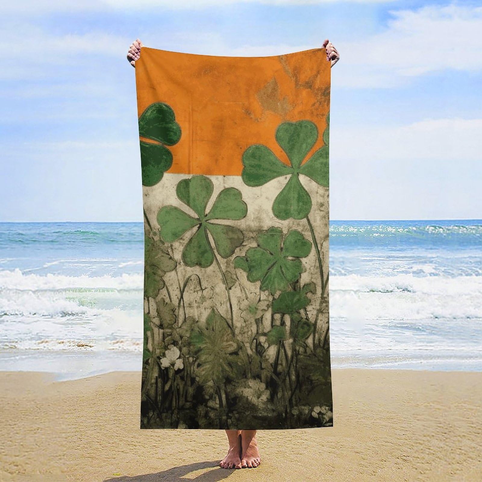 NTVOWPZO Clover on Flag Background Beach Towel Oversized Microfiber Bath Towels Lightweight Sand Proof Beach Towels Absorbent Pool Towels for Swimming Yoga Bathroom Towel 31.5" X 63"
