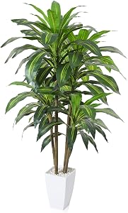 Artificial Dracaena Tree 4Ft Fake Plants with White Taper Planter Fake Tree Faux Artificial Plants for Indoor Outdoor Wall Office Home Living Room Floor Decor,Set of 1