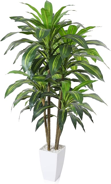 Arbre de Dracaena artificiel 4Ft Faux plantes avec planteur à ruban blanc Faux arbres de faux plantes artificielles pour intérieur extérieur mur bureau maison salon étage Décor, ensemble de 1
