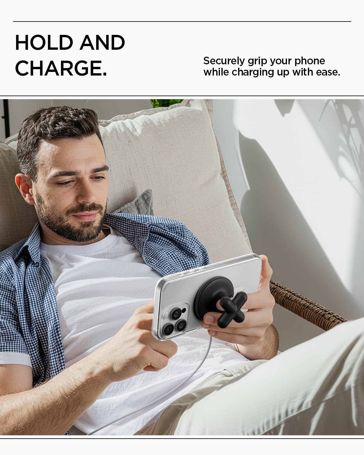 Spigen Soporte Movil Anillo Magnético, Compatible con Cargador Apple MagSafe【Carga mientras lo usas】Agarre de Silicona Antideslizante para iPhone 17 17e 16 15 14 Pro Max Air, Samsung S26 Ultra - Negro