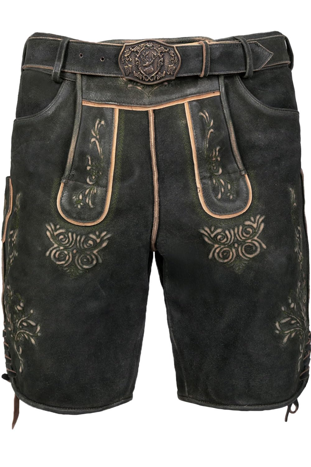 Edelnice Trachtenmode Kurze Wildbock Lederhose Friedl dunkel mit gruener Stickerei