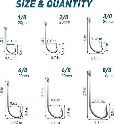 Miniatura 3 de Kit de ganchos en J de pesca de agua salada, 130 ganchos de mango largo, ganchos de pesca de acero inoxidable, ganchos forjados O'shaughnessy