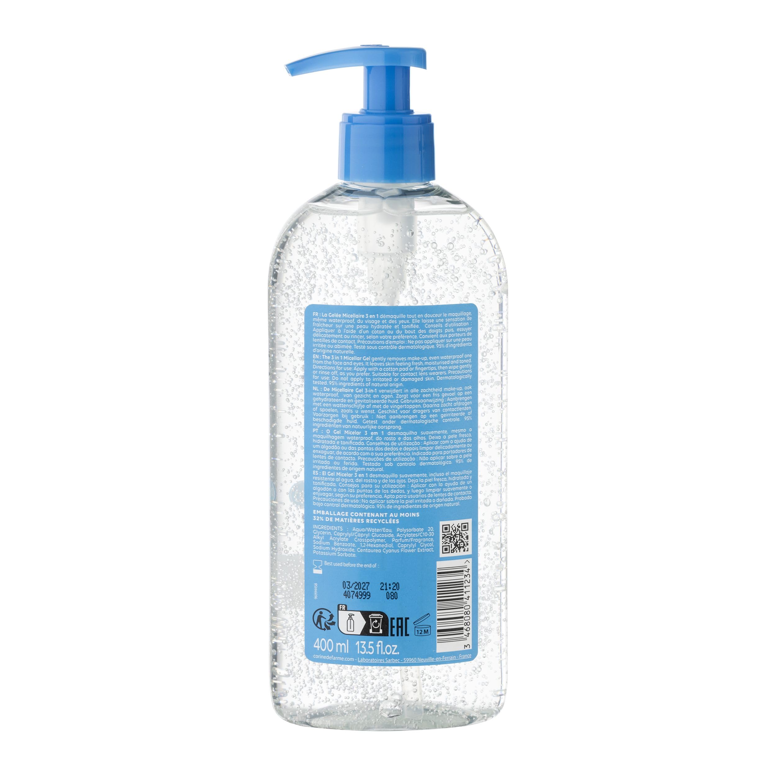 Corine de Farme - Gelée Micellaire 3 en 1 Démaquillante Visage, Yeux et Lèvres - Hydrate et Apaise - 95% d'Ingrédients d’Origine Naturelle - 400 ml