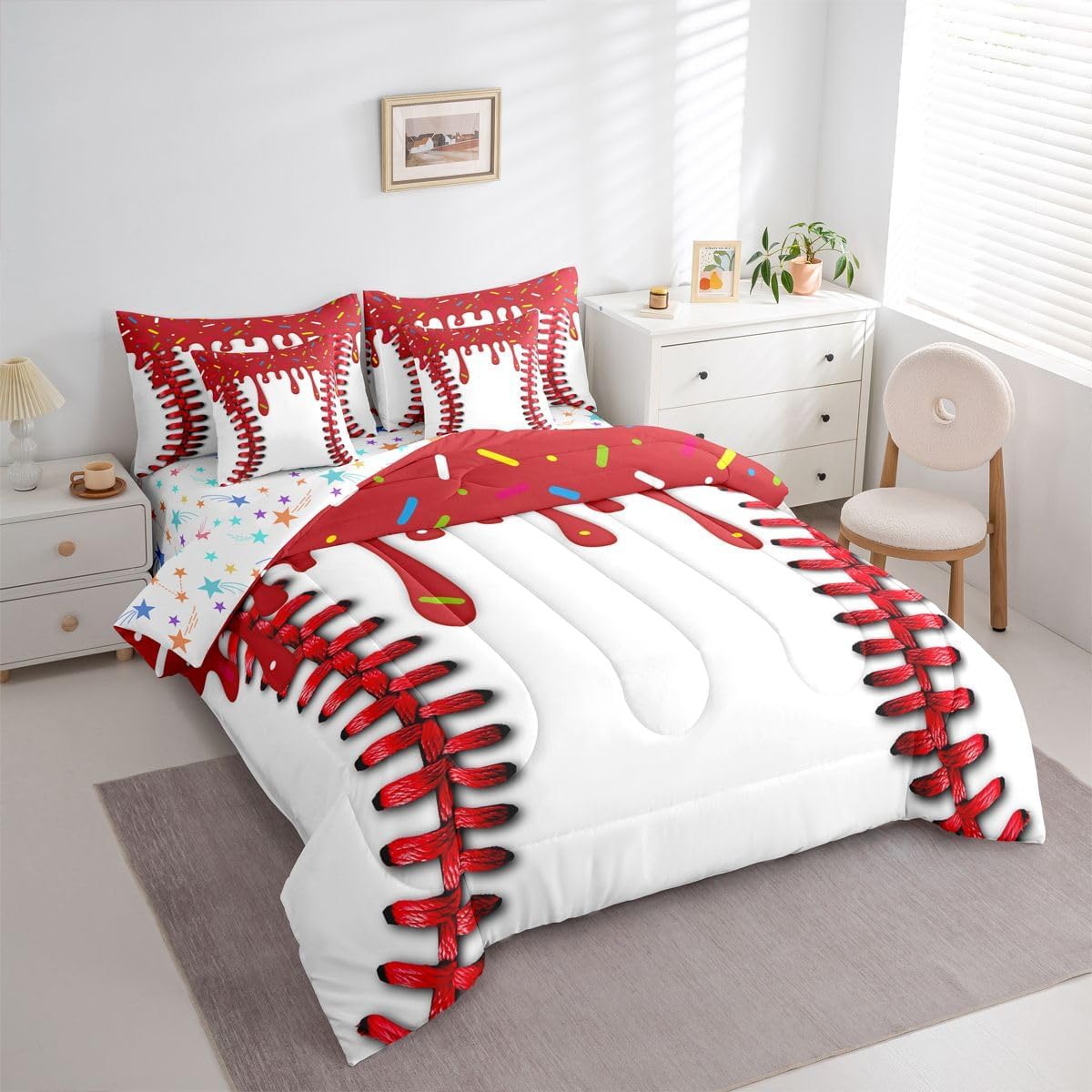 Full Size Baseball Cream Bed in a Bag Ice Cooling 7 Piece Bedding Set For Kids Women Men Ultra Sport Baseball Comforter Set with Sheets,Pillowcases & Cushion Cover Red White Room Decor Microfiber