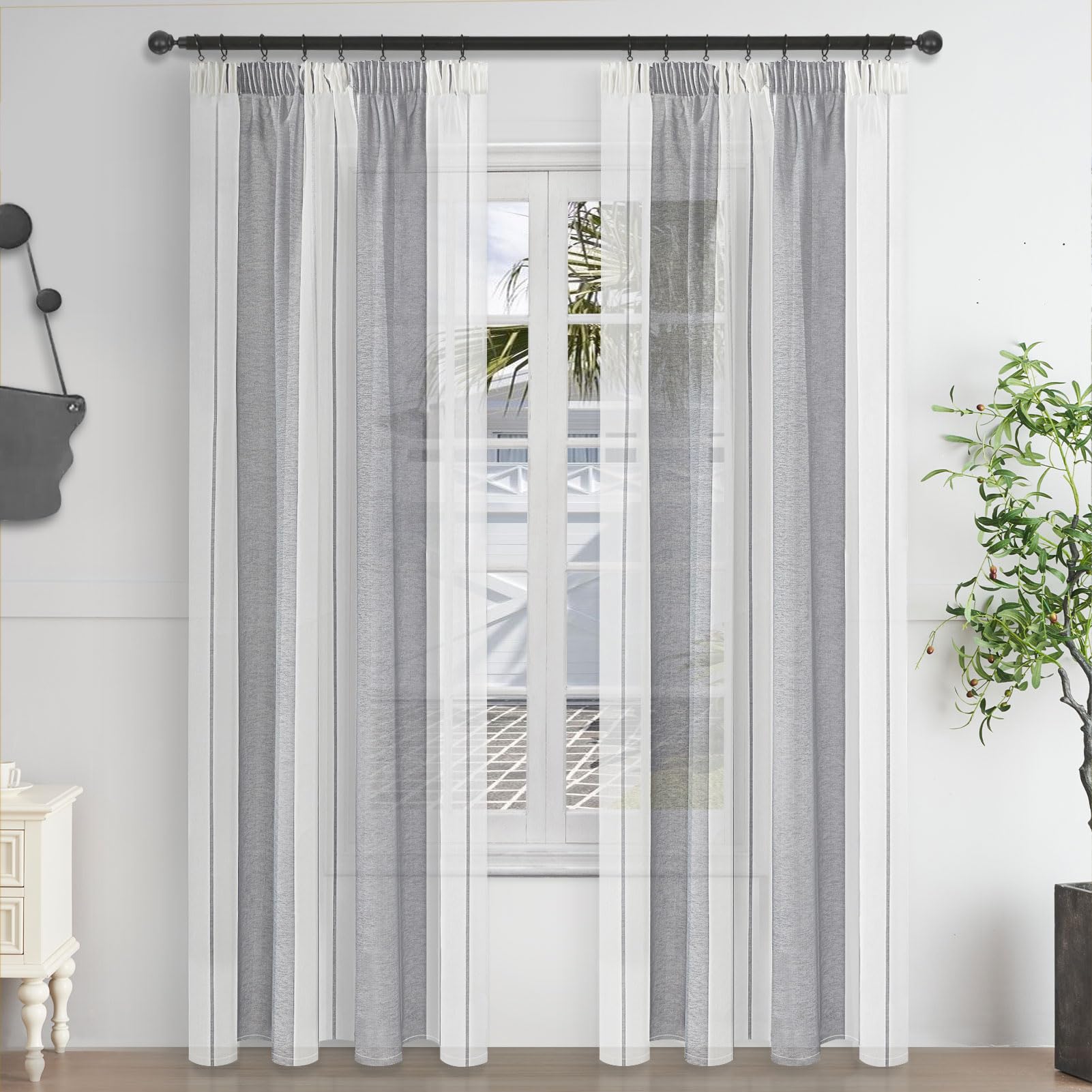 MRTREES Cortinas con Ganchos Salon Cortina para Ventana Cortinas Salon 2 Piezas Blancas Grises 2X A140xL225CM translucida