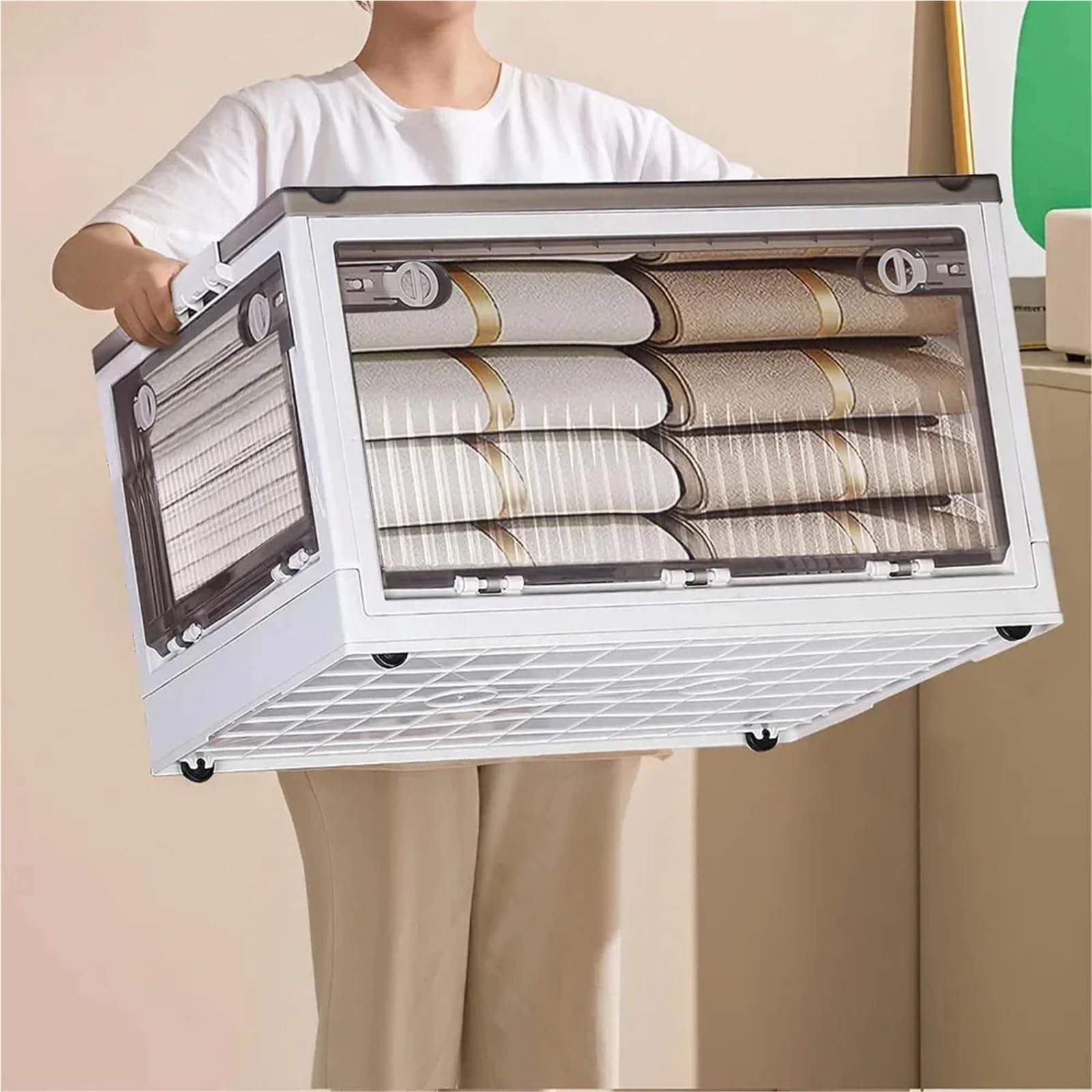 Contenitore Per Fumetti Scatola Portaoggetti Pieghevole Trasparente | Con ruote for vestiti, snack, libri e giocattoli(52cmWx36cmDx30cmH)