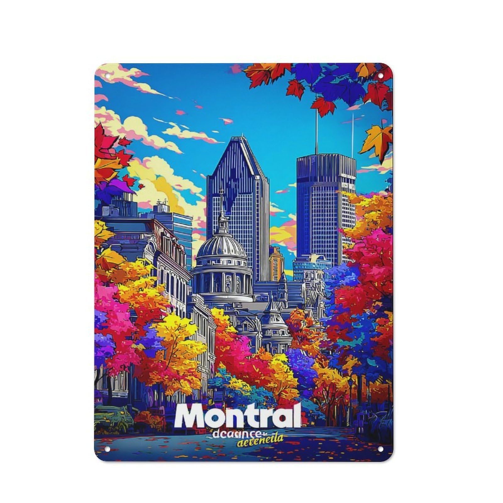 Retro Metal Sign with Montreal's Vibrant Autumn Skyline Design 40x30cm, Distressed Look Retro Room Decor for Living Room, Hallway, Kitchen Or Cafe
