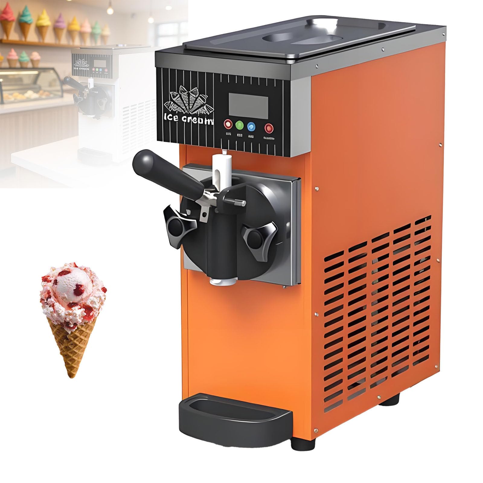 DzkZen Commercial Vertical Soft Serve Ice Cream Maker, 450W Countertop Machine, Produces 4-5kg/H, Ideal for Restaurants and Snack Bars Orange