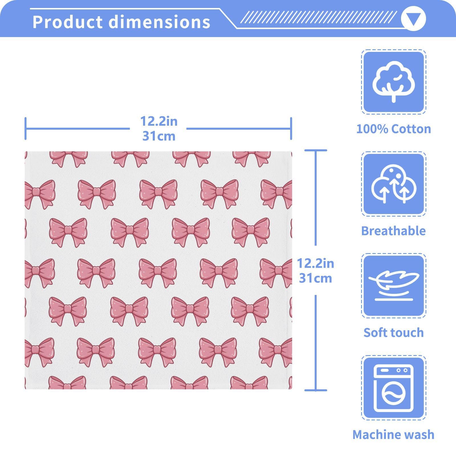 YANENDIE Pink Bows Washcloths Towels, Highly Absorbent and Soft Cotton Face Cloths, 2 Pack Quick Dry Wash Cloths - 12 X 12 Inches