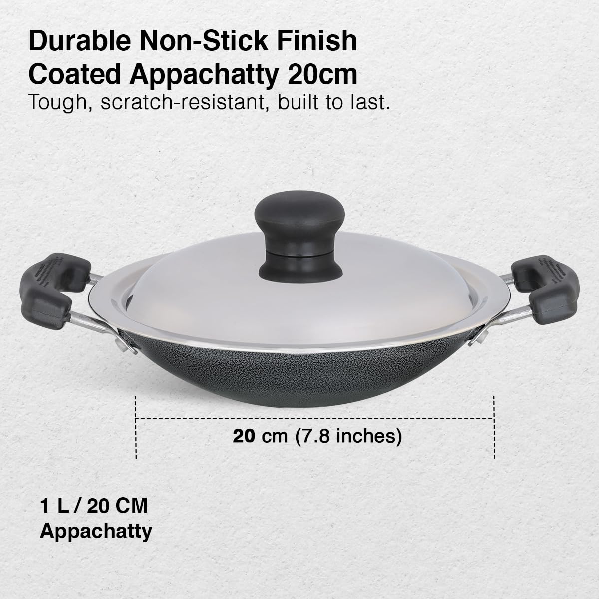 Prestige Omega Select Plus Non-Stick Deep Appachetty with Lid | Black | 20 cm | Residue Free | Scratch Resistant | Comfortable Grip | Spoon Friendly 1