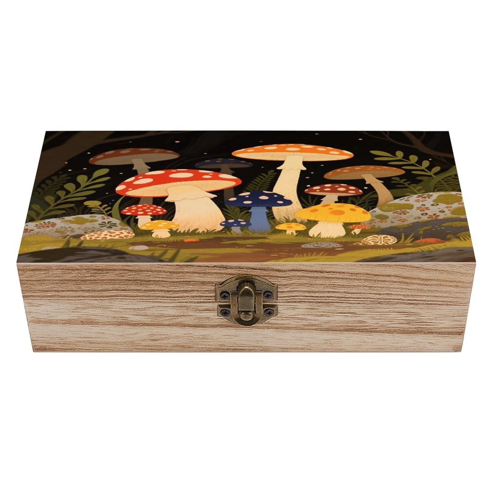 VstaDank Vintage Mushrooms Wooden Box Sturdy Vintage Storage Box with Hinged Lid Exquisite Wood Keepsake Boxes Large Jewelry Case Cute Trinket Holder Unique Gift for Men & Women
