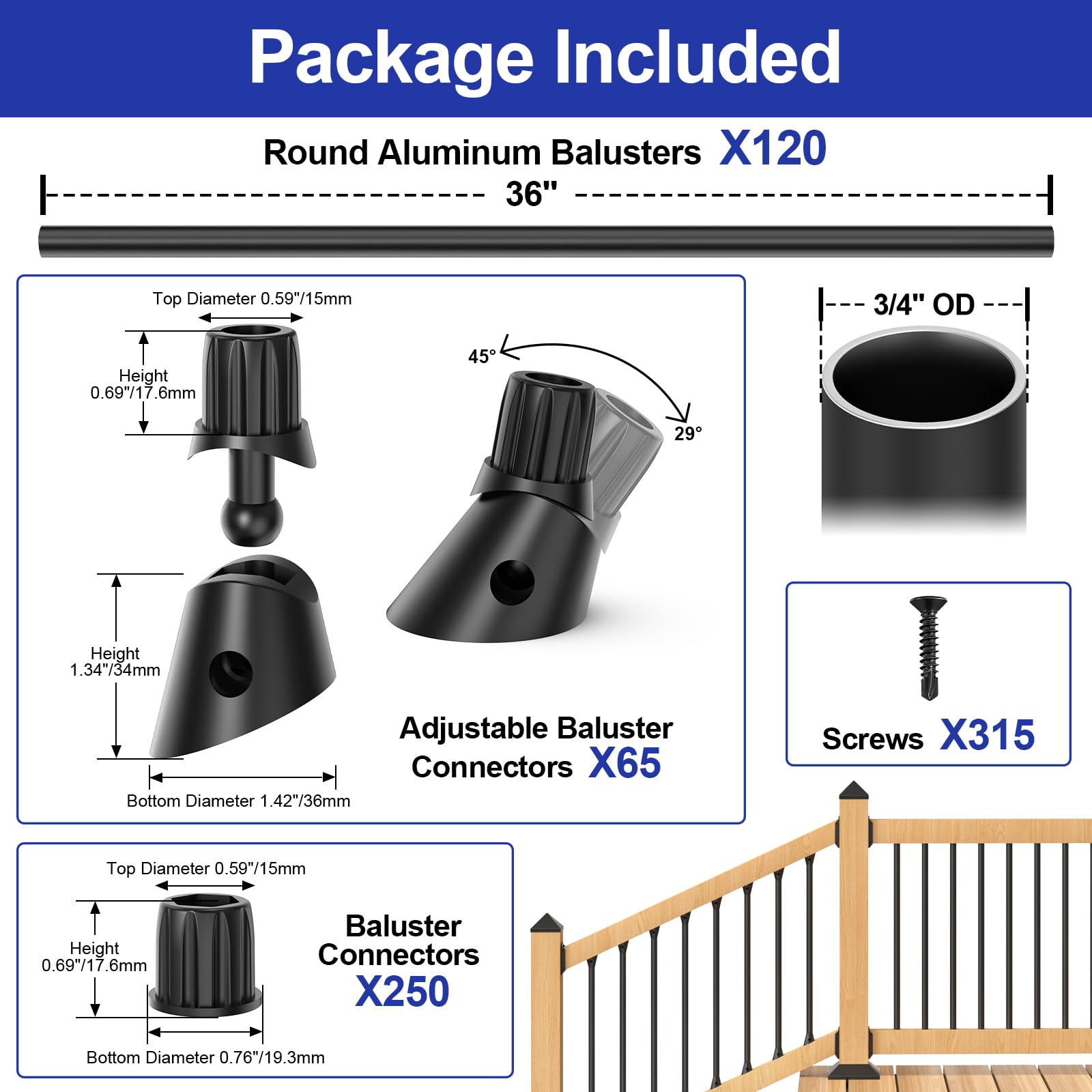 HYPERGIANT 105 Pack 26 Aluminum Deck Balusters,3/4 India HYPERGIANT 105 Pack 26 Aluminum Deck Balusters,3/4 India