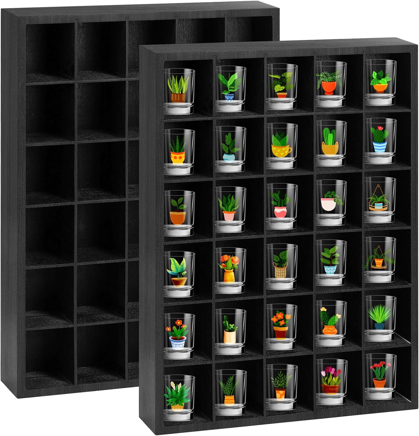 2 Pcs Shot Glass Display Case, Black Wooden Shot Glass Shelf with Removable Shelves, Wall Mounted Shadow Box Thimble Display Case, 30 Slots