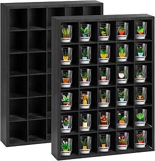 2 Pcs Shot Glass Display Case, Black Wooden Shot Glass Shelf with Removable Shelves, Wall Mounted Shadow Box Thimble Display Case, 30 Slots