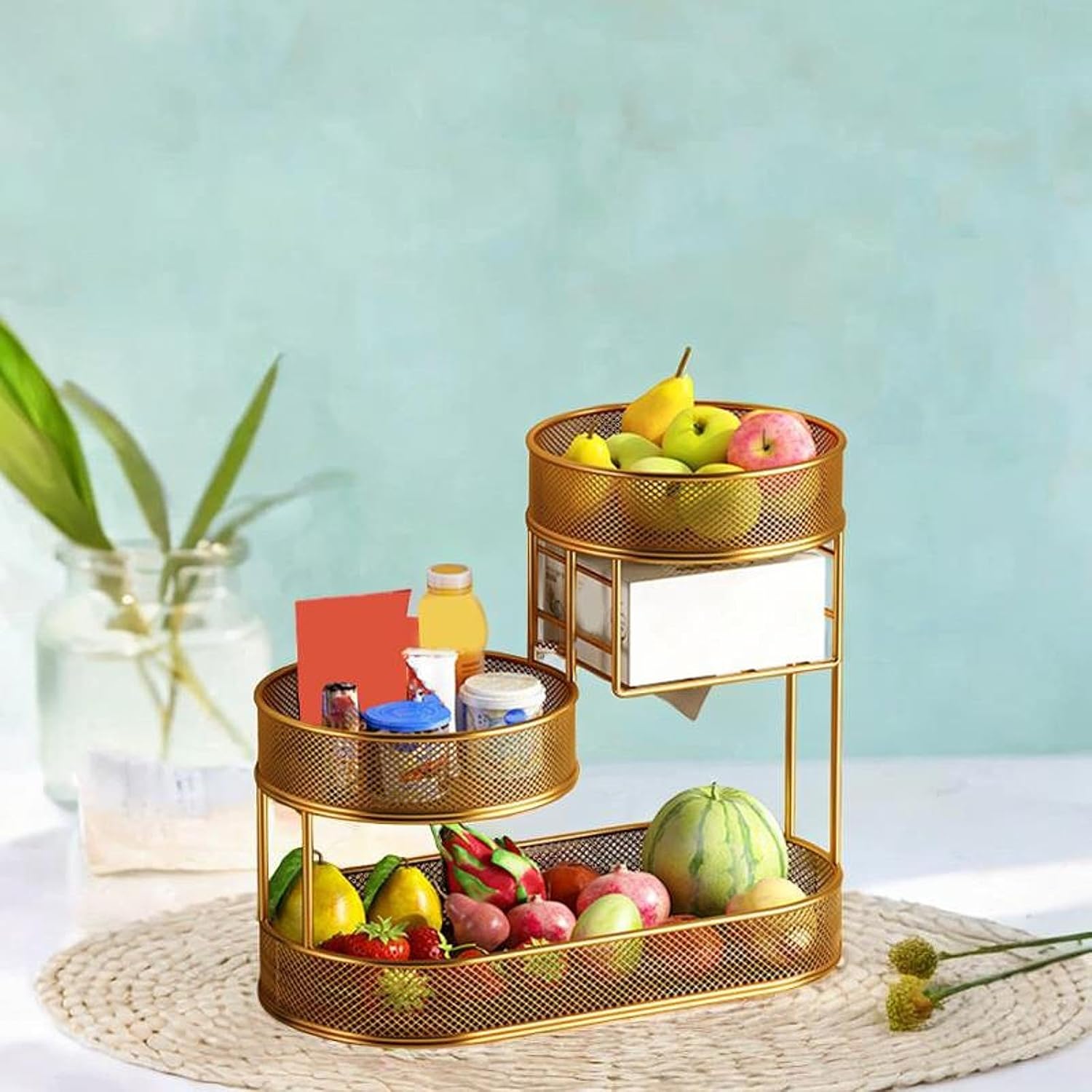 3 Tier Fruit Basket Metal Wire Fruit Basket Fruits Stand Kitchen Countertop Rack Fruit Bowl Holder for Bread Vegetable Pantry, Gold