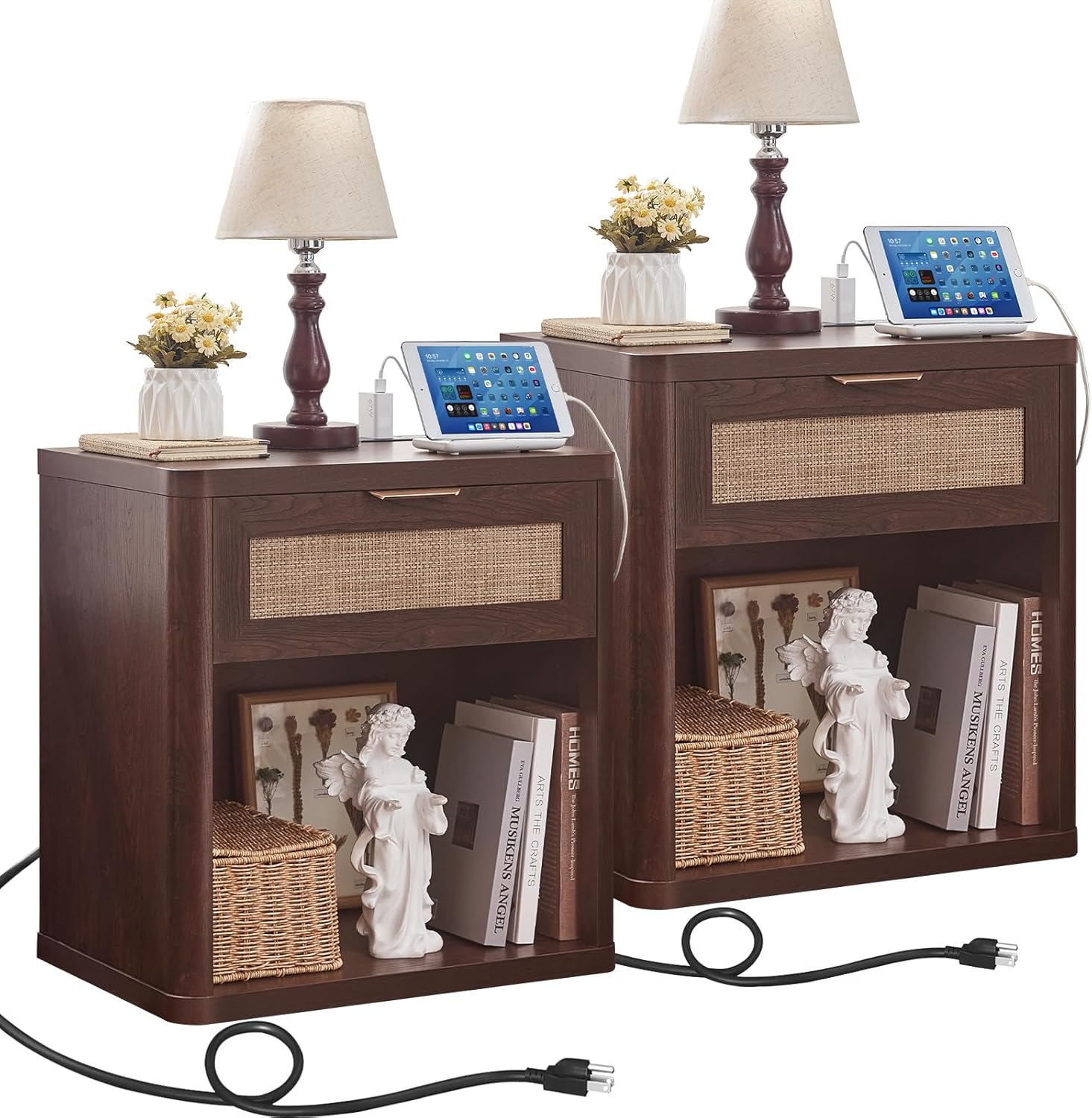 LEYAOYAO Rattan Nightstands Set of 2 with Charging Station, Walnut Night Stand with Drawer, 23" Wide Boho Bedside Table with Storage Shelf, Bed Side End Tables for Bedroom, Living Room, Hallway