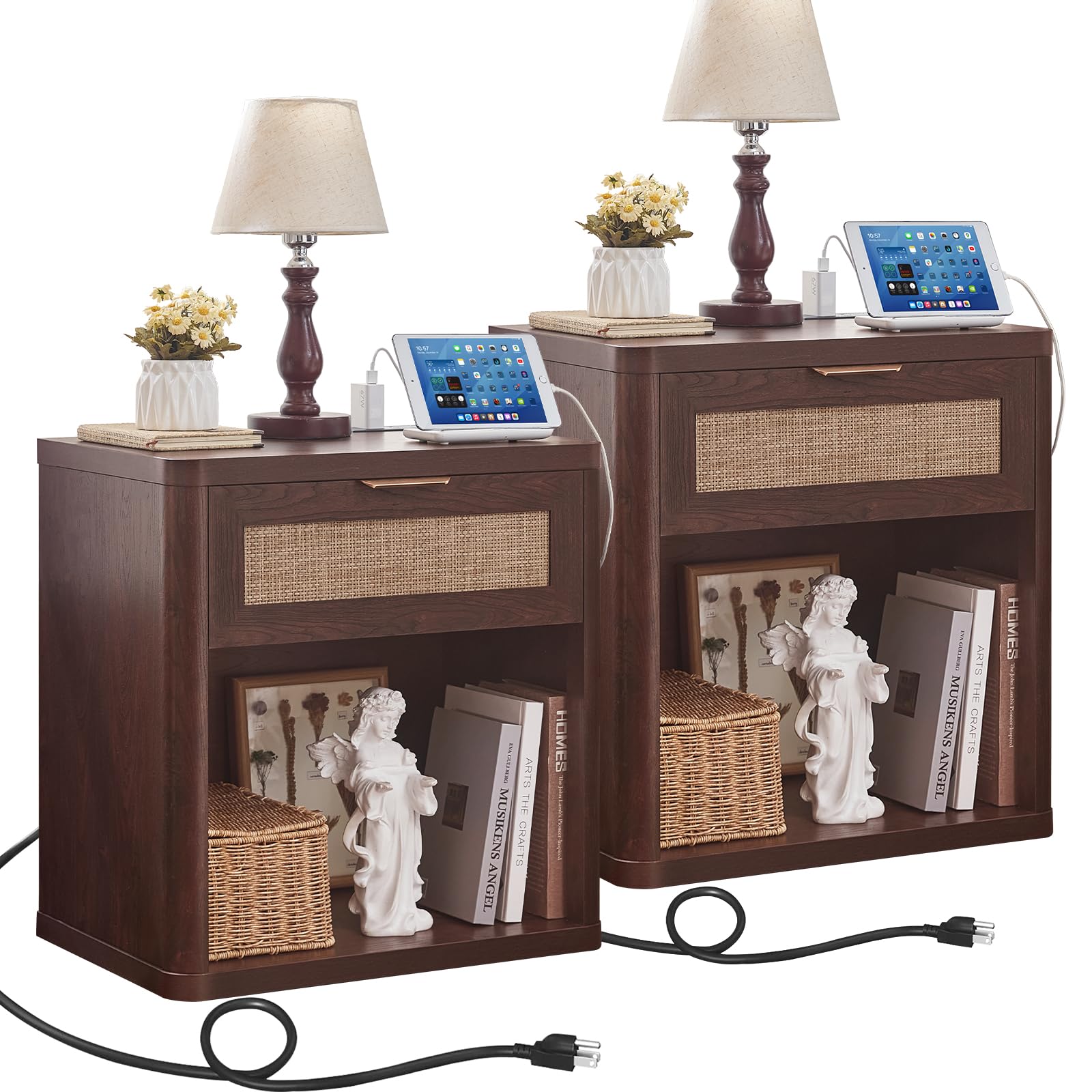 LEYAOYAO Rattan 23" Nightstands Set of 2 with Charger for Bedroom