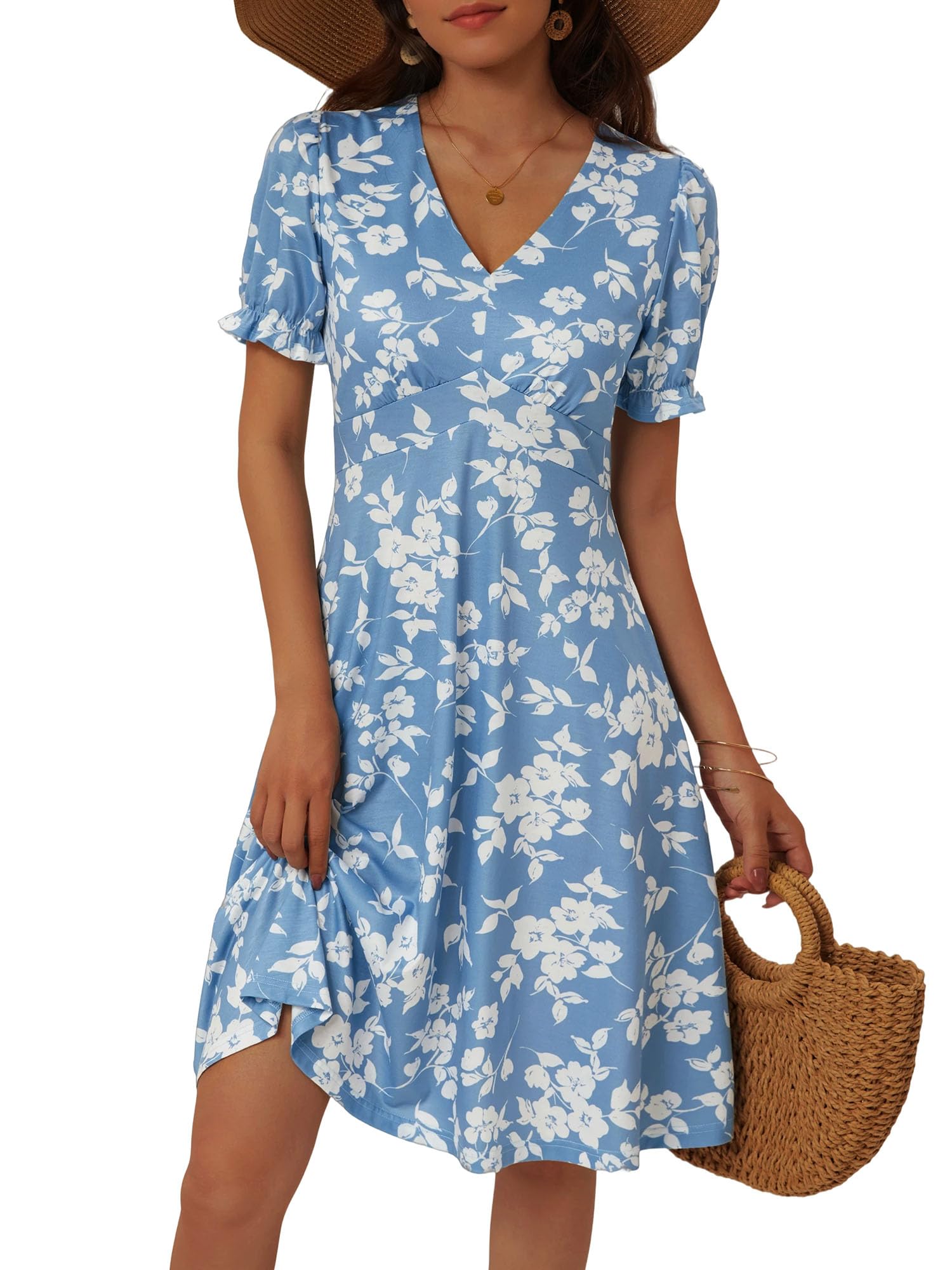 FENSACE Women's Summer Elegant Puff Sleeve V Neck Empire Waist A Line Knee Length Dress with Pockets Blue White Floral-4 X-Large
