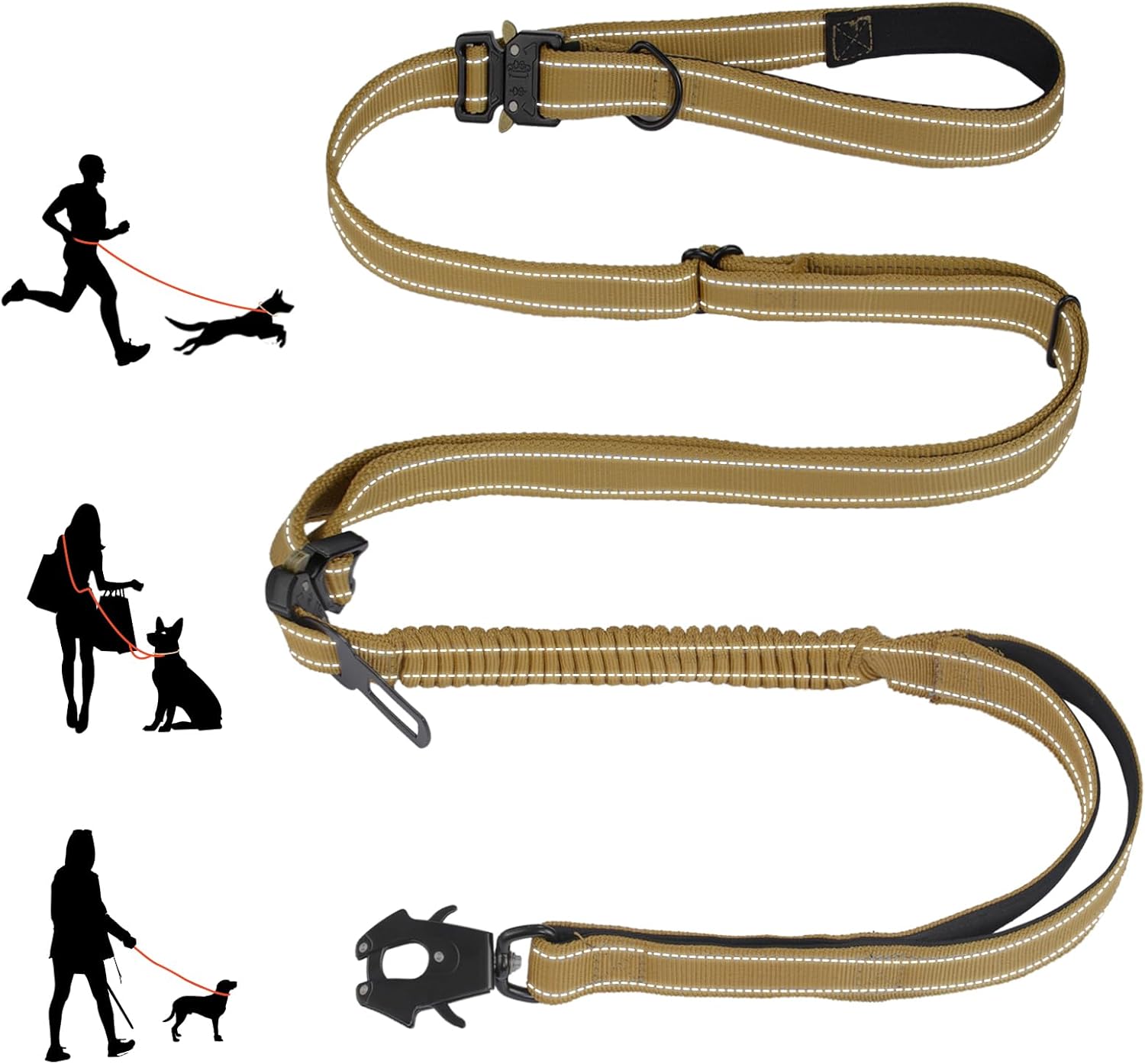 Detachable Heavy Duty Tactical Dog Leash, 9.7FT Hand-Free Bungee Shock Absorption Leash with Padded Handle Quick Release Metal Clip Car Seatbelt No Pull Training Lead for Medium & Large Dogs (Khaki)