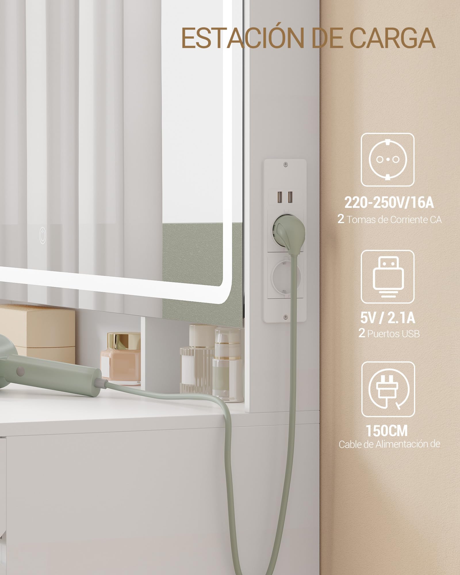 Hzuaneri 108 cm Tocador de Maquillaje, Tocador con Espejo HD Grande, Luces LED Regulables y Enchufes, 11 Cajones, 3 Compartimentos de Almacenamiento y 1 Estante Superior, Blanco DT43003XEU