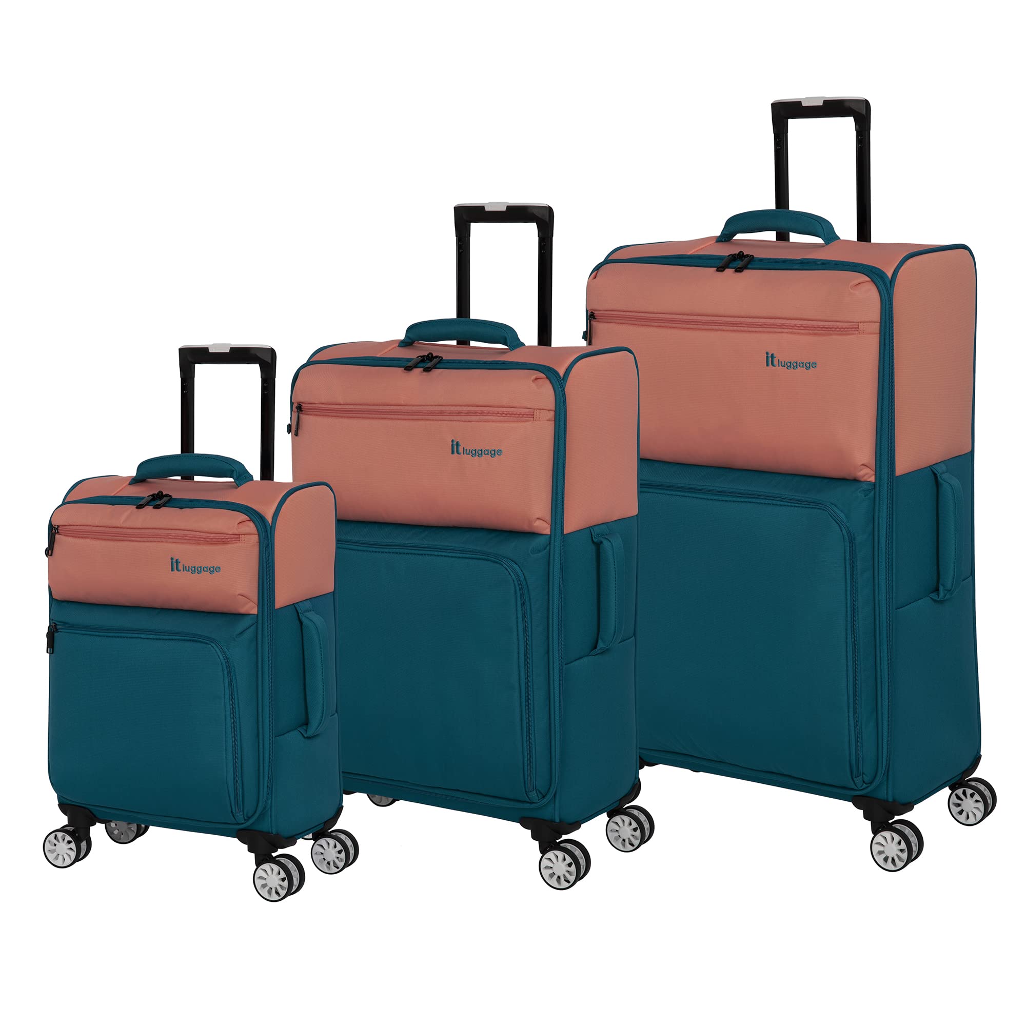 it luggage Duo-Tone 3 Piece Softside 4 Wheel Spinner Set, Peach/Sea Teal, 3 Pc