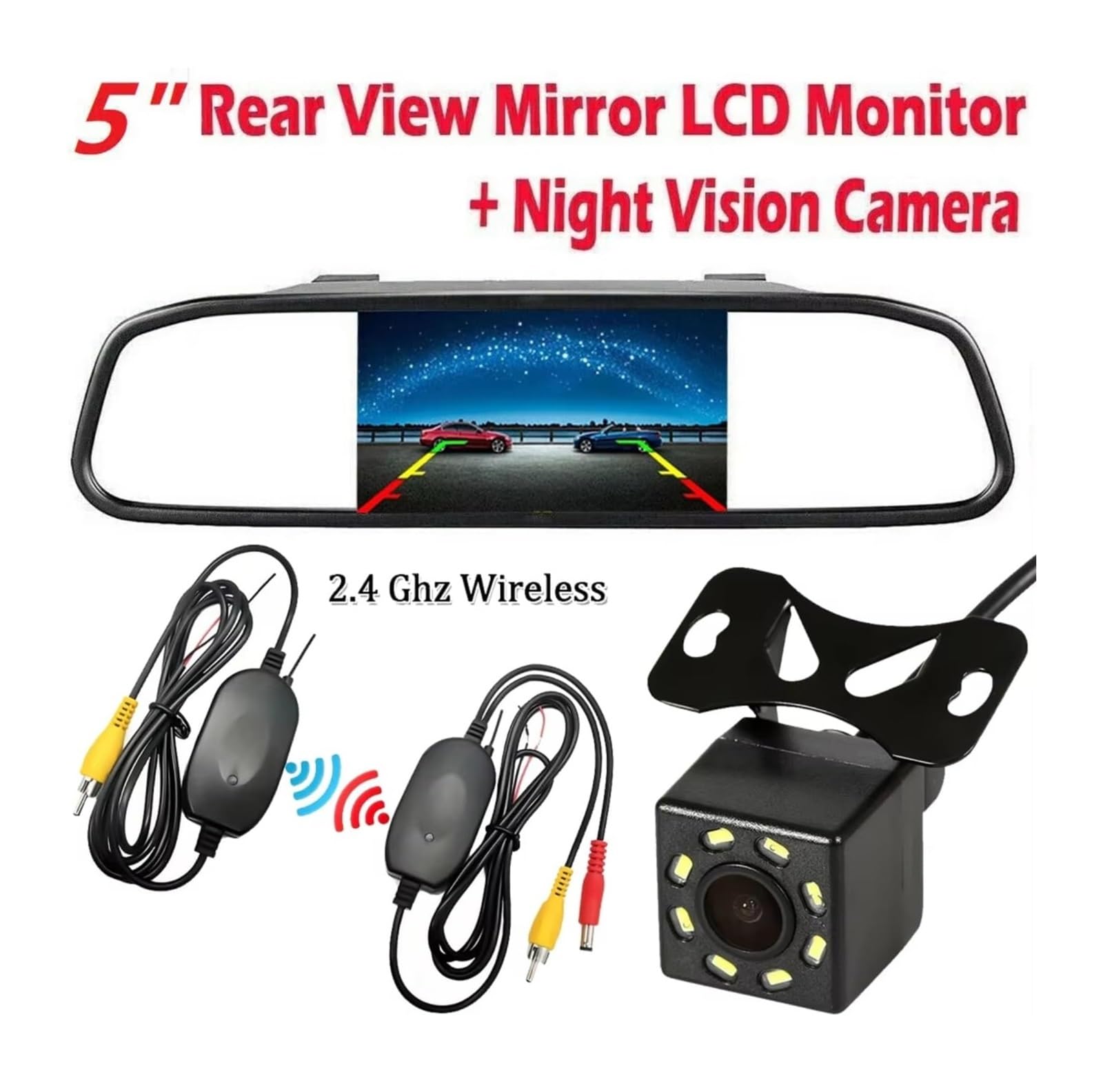Monitor De Espejo Inalámbrico 5 Pulgadas + Kit Respaldo para Automóvil Cámara Visión Trasera Nocturna Cámara de Respaldo(Monitor and Camera)