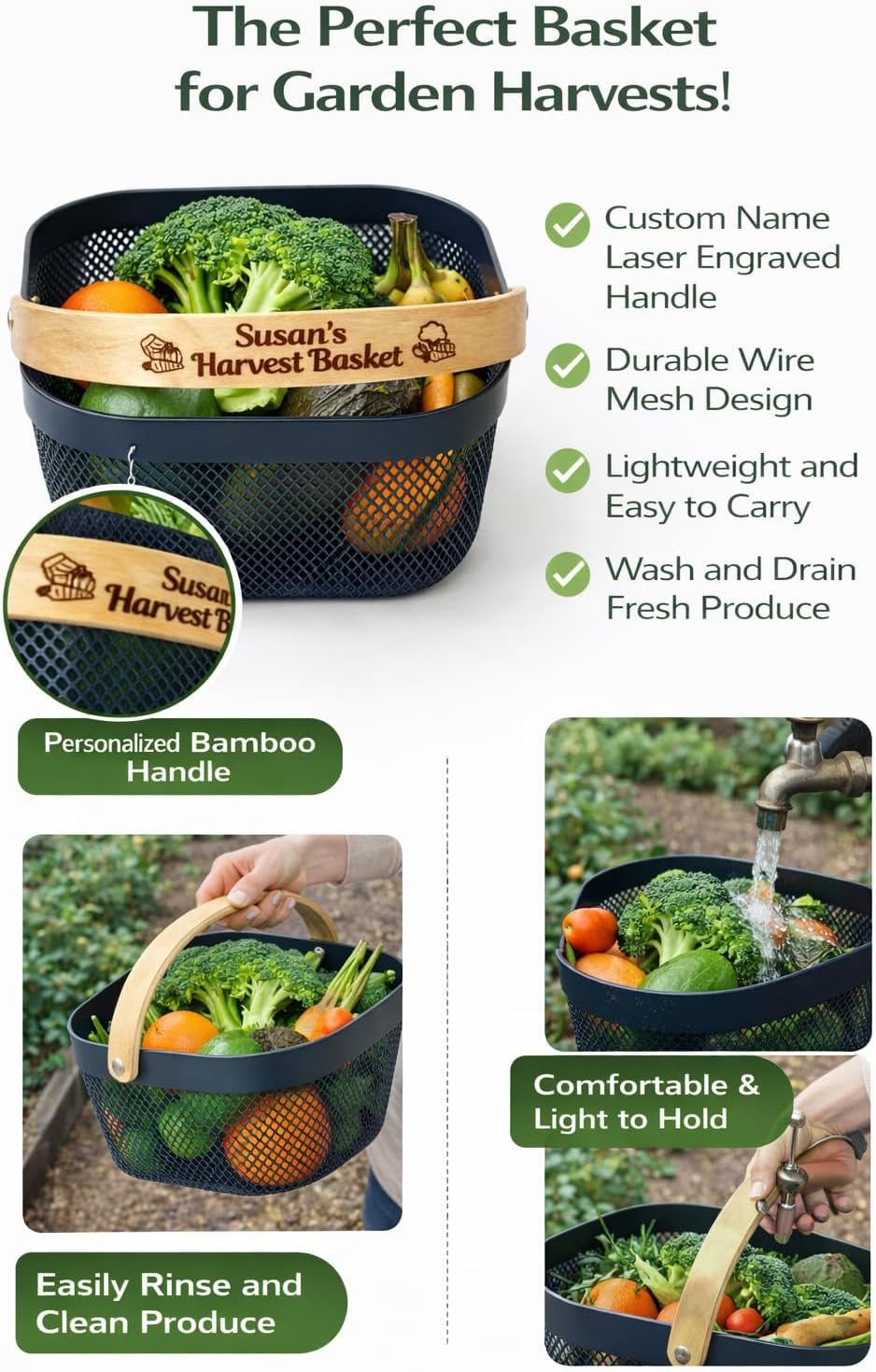 Harvest Basket Plastic Mesh Garden Hod with Personalized Bamboo Handle – Lightweight Vegetable Harvest Basket for Gardening Washing and Carrying Produce