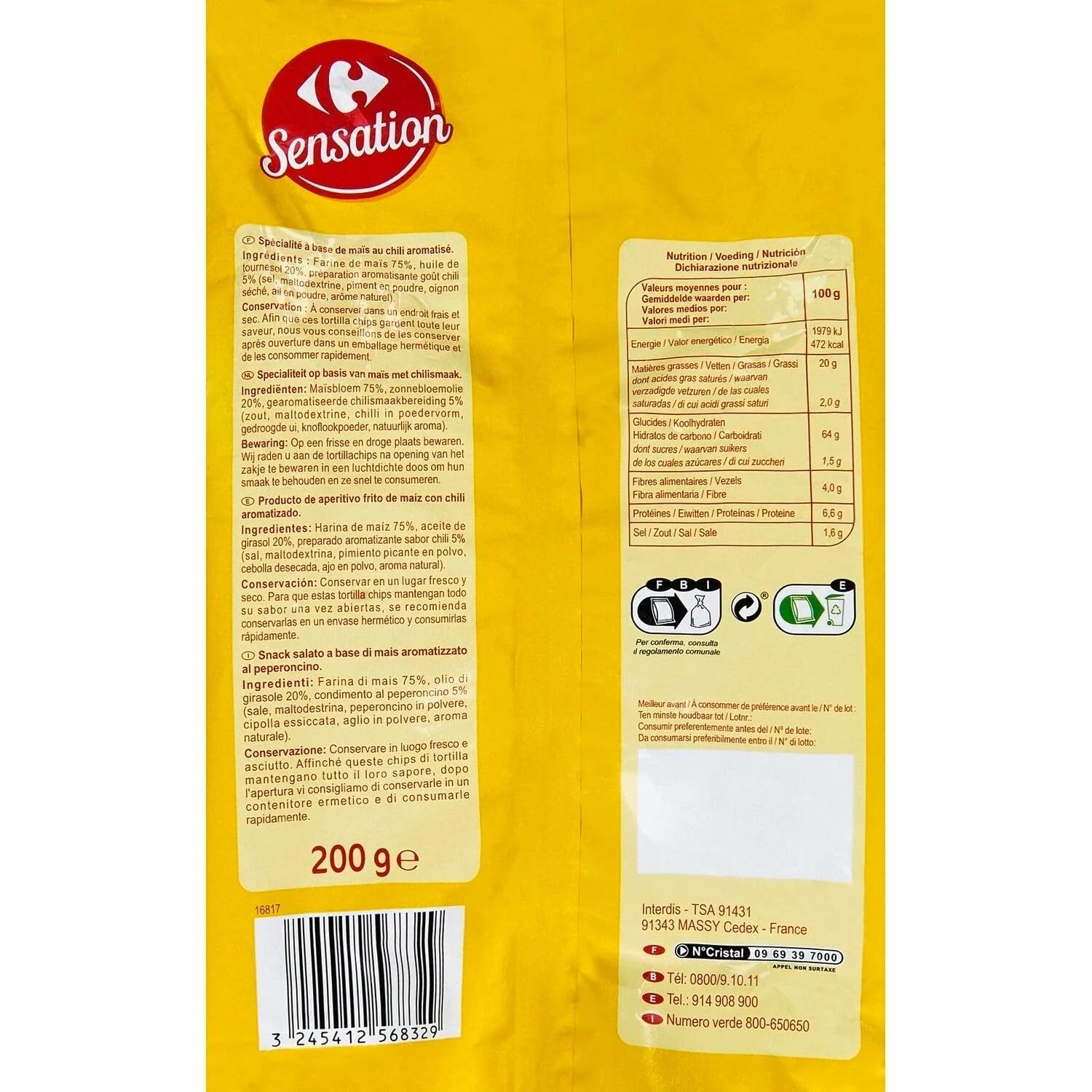CARREFOUR SENSATION - Tortilla Chips Chili - Chips de Maïs Croustillantes pour Apéritif - Idéales avec Guacamole ou Salsa - le sachet de 200 g - Le Lot De 4