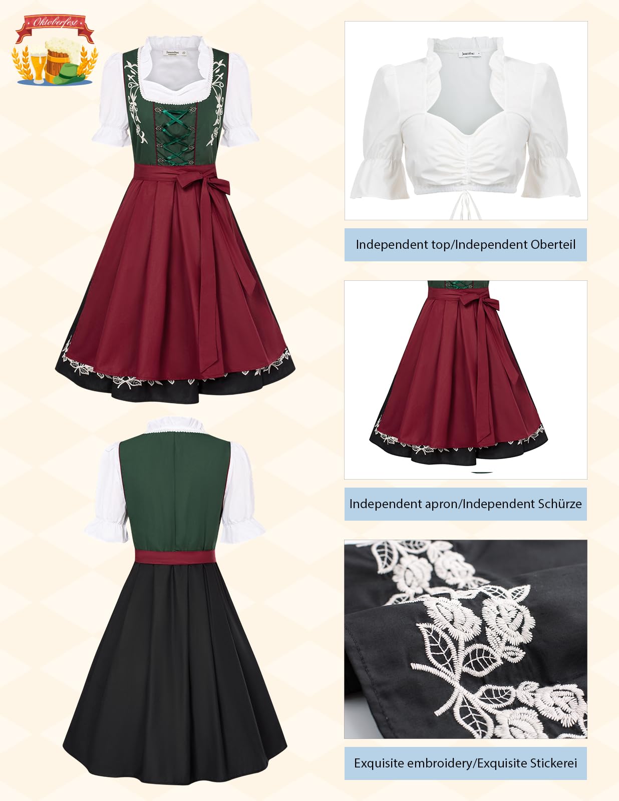 JASAMBAC Vestido tirolés para Mujer, 3 Piezas, Oktoberfest, Traje tirolés, Vestido tirolés, Carnaval, Oktoberfest, Fiesta