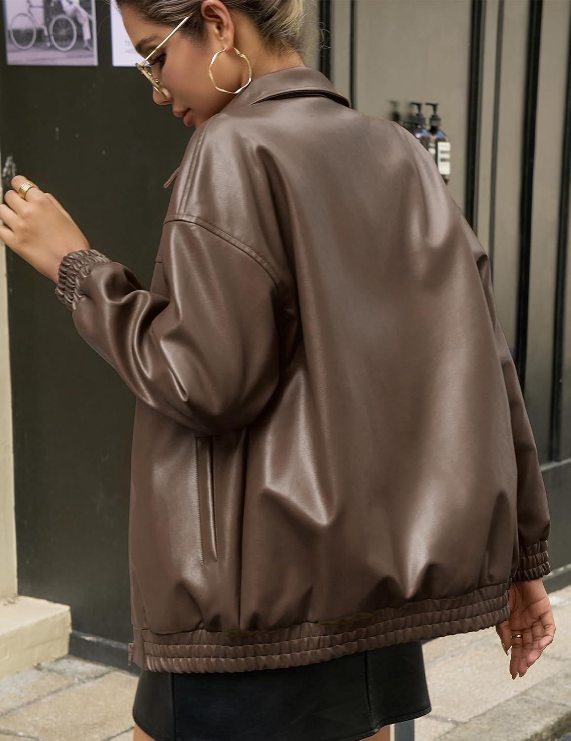 Women's Oversized Leather Jacket, Casual Soft Faux Leather Zip Motorcycle Coat With Pocket 2026 Spring Trendy - Image 3