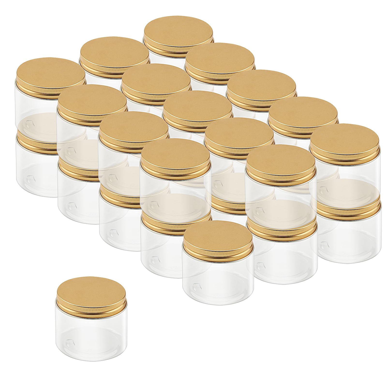 LEXININ 30 Pack 150ml Clear Plastic Jars with Gold Lids, Empty Wide Mouth Storage Containers for Food, Spices
