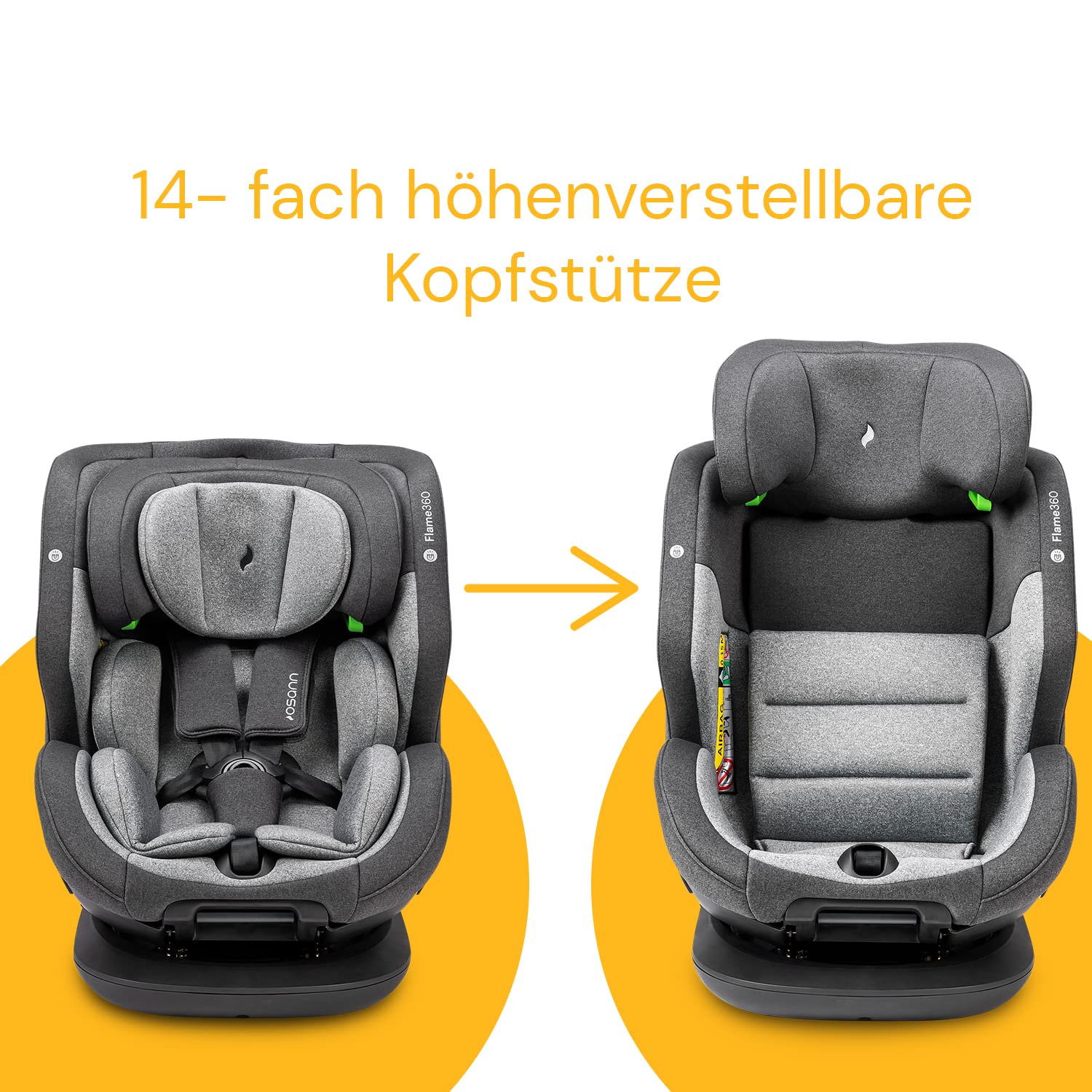 OSANN - Seggiolino Auto Girevole Flame 360 Isofix I-Size - 40-150 cm - Grigio - 14 Posizioni - Imbracatura a 5 punti, cintura a 3 punti, rivolto in avanti/rivolto all'indietro